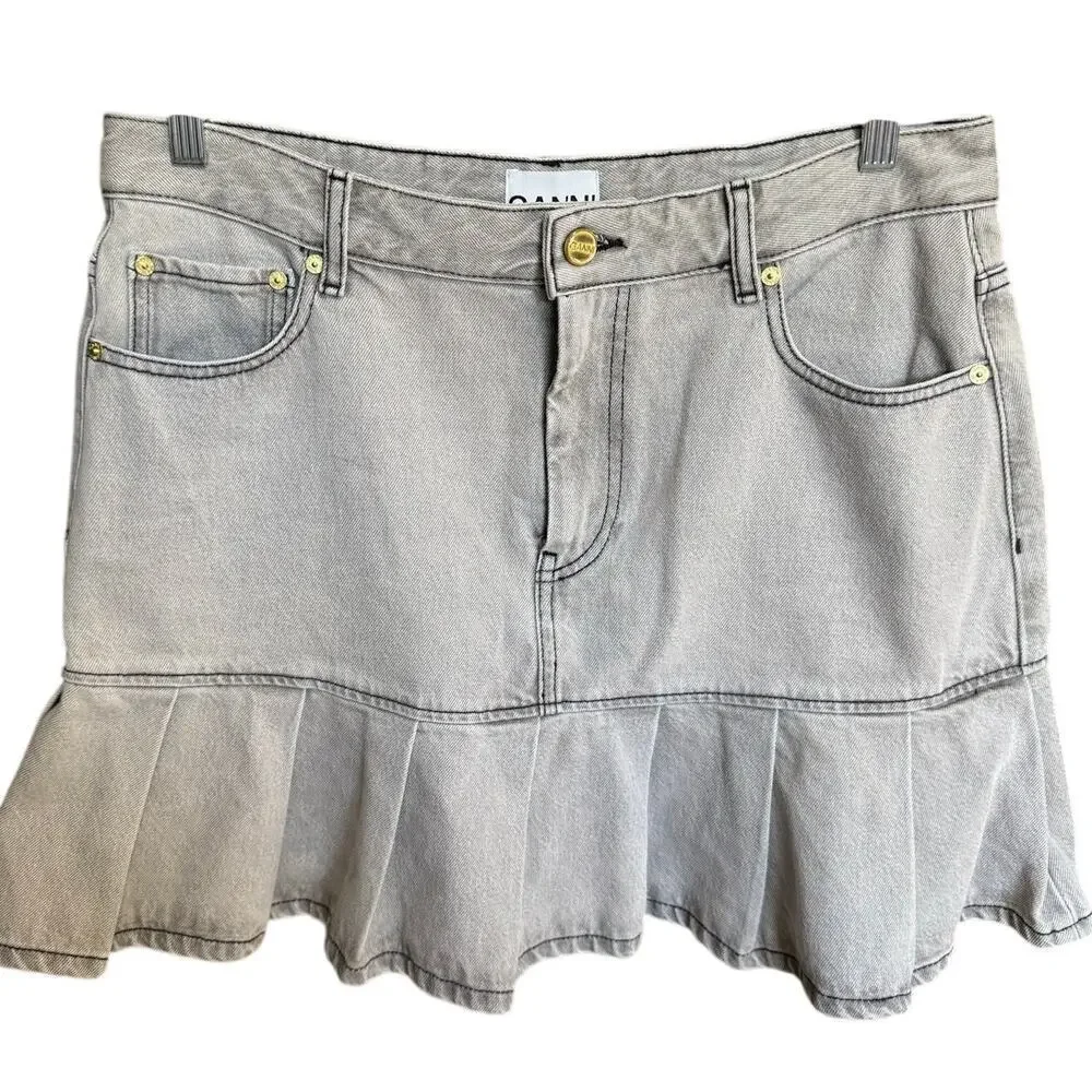 Ganni Future Denim Pleated Mini Skirt Gray Wash EU Size 40 / US Size 8